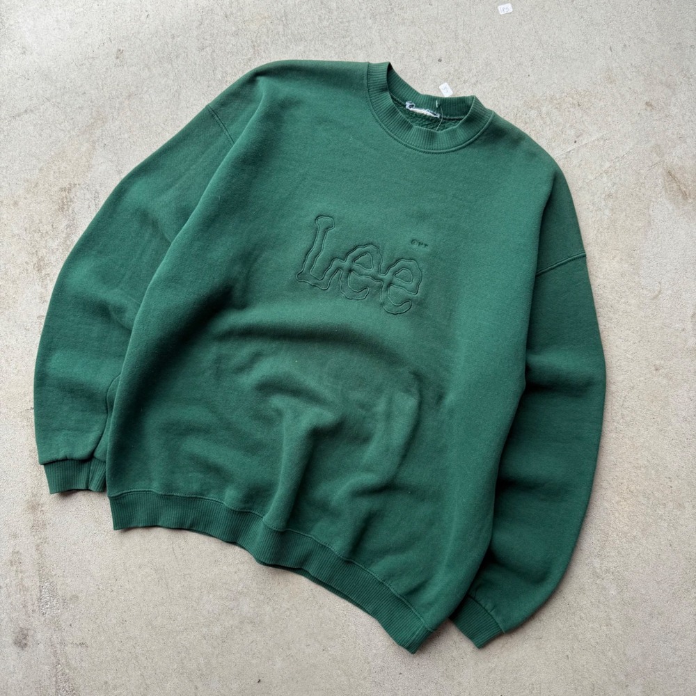 90s Mens Lee Embossed Logo Crewneck Sweatshirt Forest Green Large